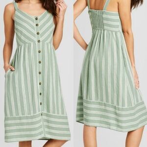 UNIVERSAL THREAD Linen Blend Midi Dress Lined Buttons Pockets Green Shite Medium